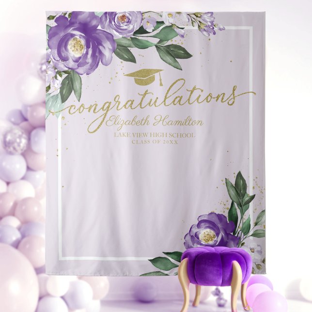 Purple Floral Graduation Party Photo Backdrop Tapestry (Creator Uploaded)