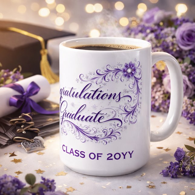 Purple Floral Graduation Script with Custom Year Coffee Mug (Creator Uploaded)