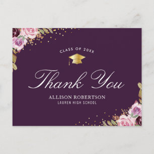 purple floral graduation thank you postcard