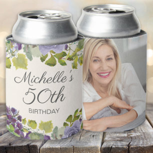 Purple Floral Green Leaves 50th Birthday Photo Can Cooler