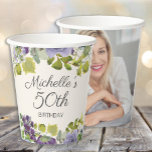 Purple Floral Green Leaves 50th Birthday Photo  Paper Cups<br><div class="desc">Plum purple watercolor floral and green leaves botanical garden 50th birthday party paper cups personalised with the name and age of the guest of honour on the front and her photo on the back. Contact me for assistance with your customisation or to request additional matching or coordinating products for your...</div>