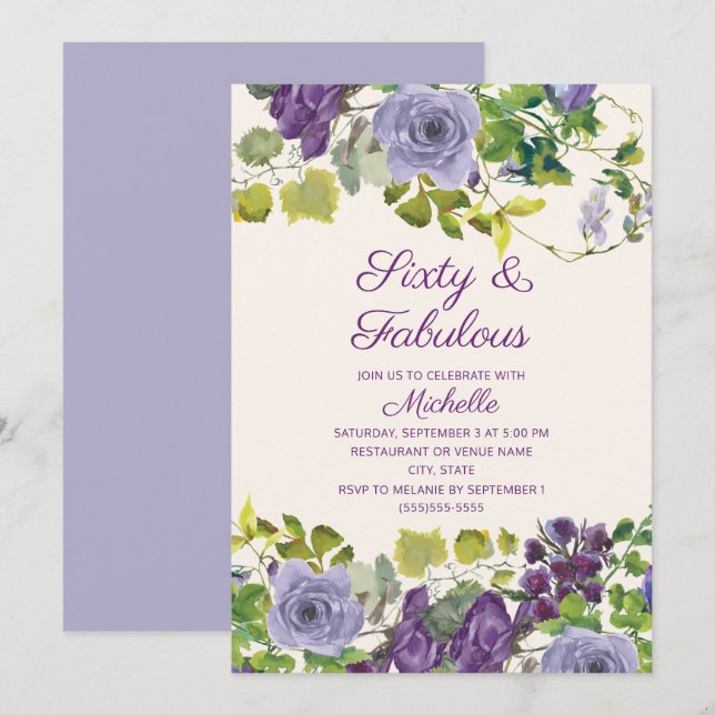 Purple Floral Green Leaves 60 Fabulous Birthday Invitation (Front/Back)