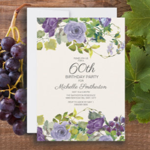 Purple Floral Green Leaves 60th Birthday Invitation