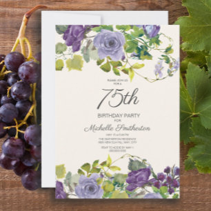 Purple Floral Green Leaves 75th Birthday Women Invitation