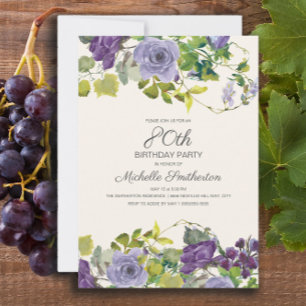 Purple Floral Green Leaves 80th Birthday Invitation