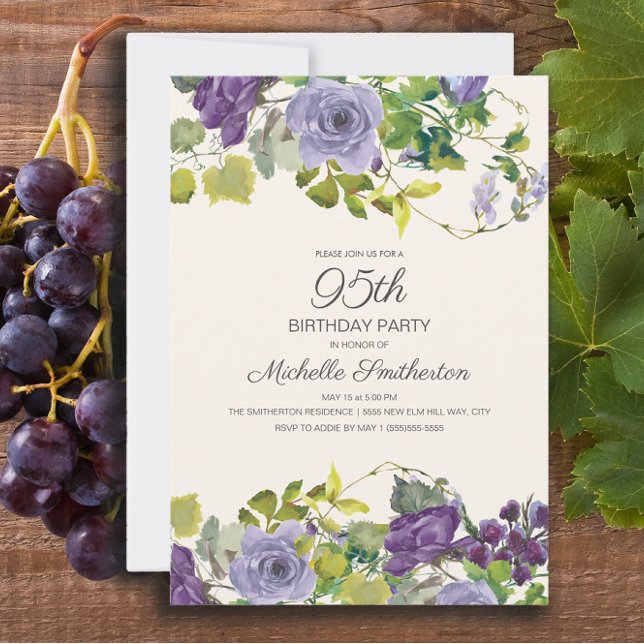 Purple Floral Green Leaves 95th Birthday Invitation (Purple floral and vines 95th birthday party invitation)