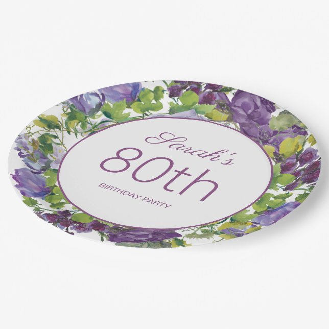 Purple Floral Green Leaves Vines 80th Birthday Paper Plate (Angled)
