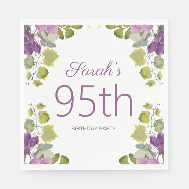 Purple Floral Green Leaves Vines 95th Birthday Napkin (Front)