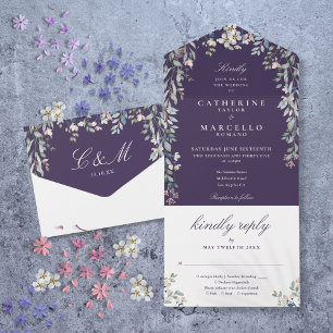 Purple Floral Greenery Cascade Wedding All In All In One Invitation