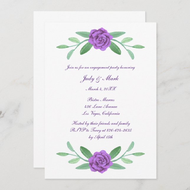 Purple Floral Greenery Foliage Engagement Party Invitation (Front/Back)
