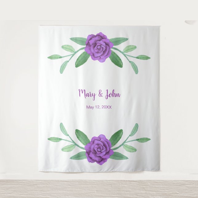 Purple Floral Greenery Foliage Photo Backdrop Tapestry (Front)