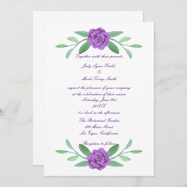 Purple Floral Greenery Foliage Wedding Invitation (Front/Back)