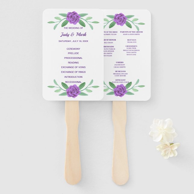 Purple Floral Greenery Foliage Wedding Program Hand Fan (Front and Back)