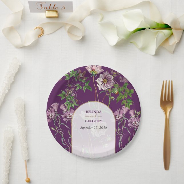 Purple Floral Greenery Gold Arch Wedding   Paper Plate (Wedding)