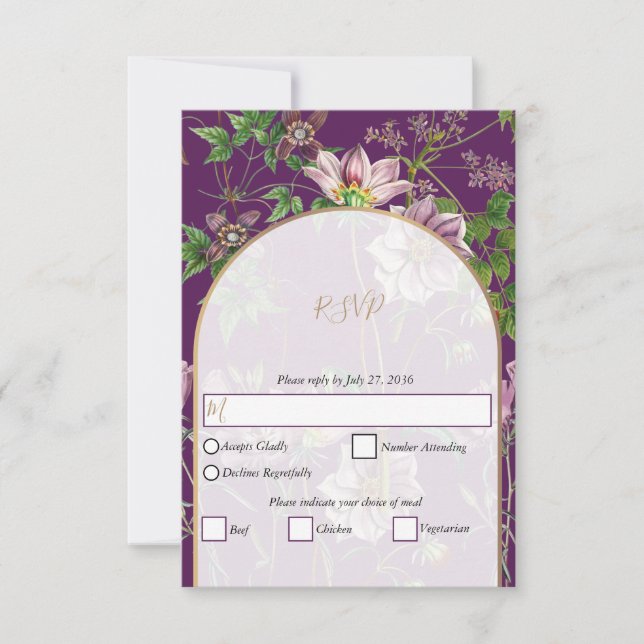 Purple Floral Greenery Gold Arch Wedding RSVP Card (Front)
