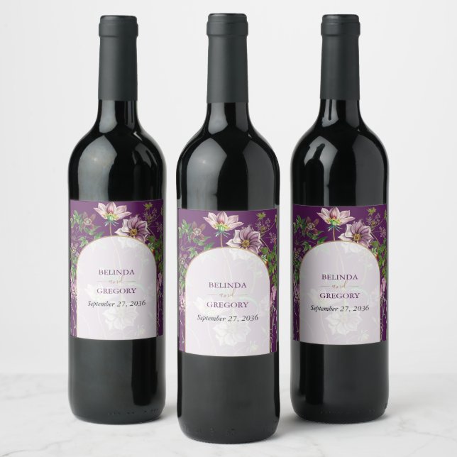 Purple Floral Greenery Gold Arch Wedding  Wine Label (Bottles)