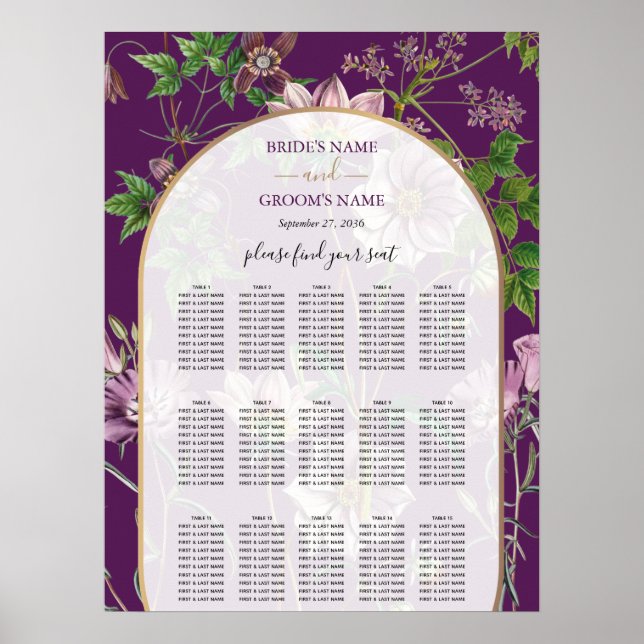 Purple Floral Greenery Gold Wedding Seating Chart (Front)