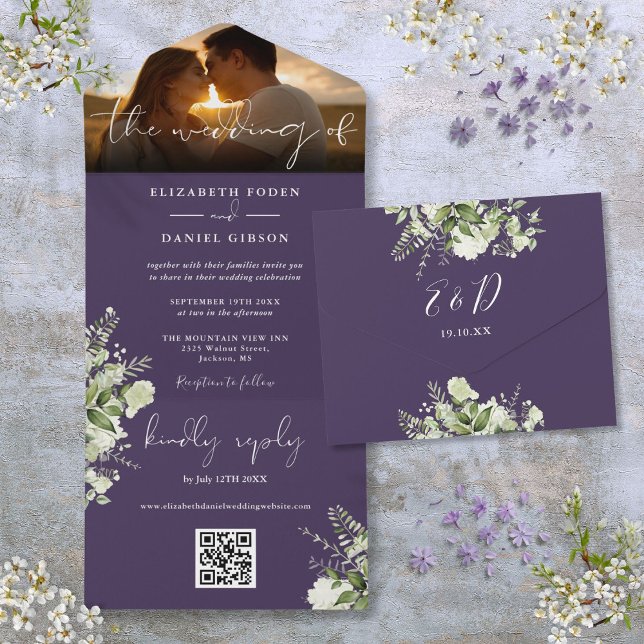 Purple Floral Greenery QR Code Wedding Photo All In One Invitation (Purple Floral Greenery QR Code Wedding Photo All In One Invitation)