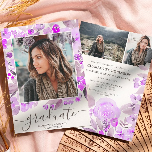 Purple floral greenery script 3 photos graduation invitation (Creator Uploaded)