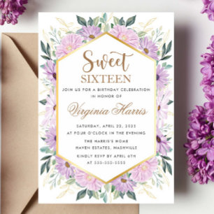 Purple Floral Greenery Sweet Sixteen 16 Birthday Invitation