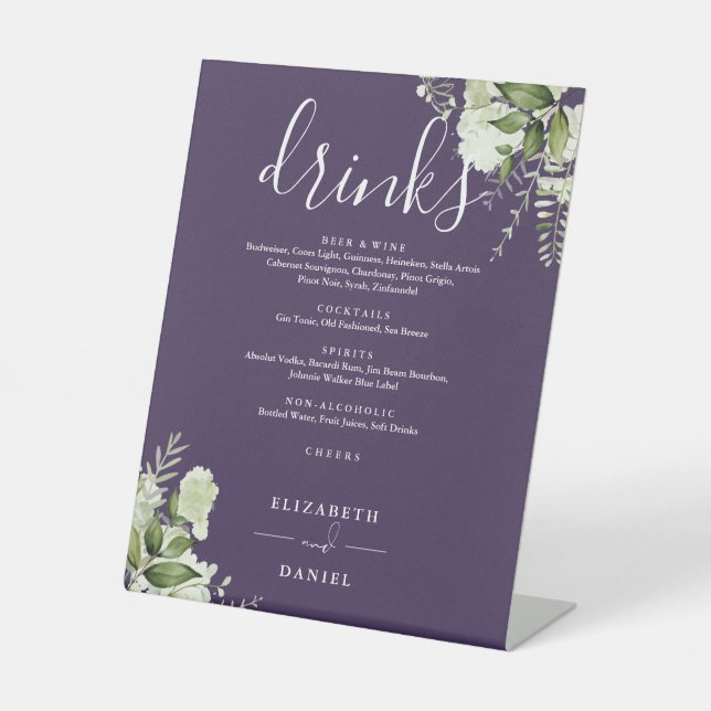 Purple Floral Greenery Wedding Drinks Menu Pedestal Sign (Front)
