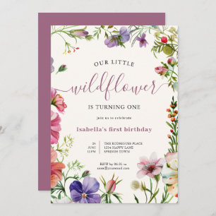 Purple Floral Gurl Little Wildflower 1st Birthday Invitation