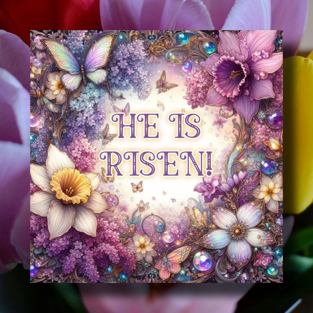 Purple Floral He Is Risen Butterflies Easter Holiday Card (Creator Uploaded)