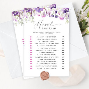 Purple floral He said she said bridal shower game