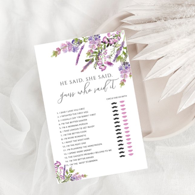 Purple Floral He said She Said Bridal Shower Game (Creator Uploaded)