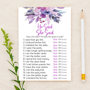 Purple Floral He Said She Said Bridal Shower Game Stationery