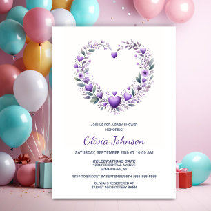 Purple Floral Heart Baby Shower Invitation