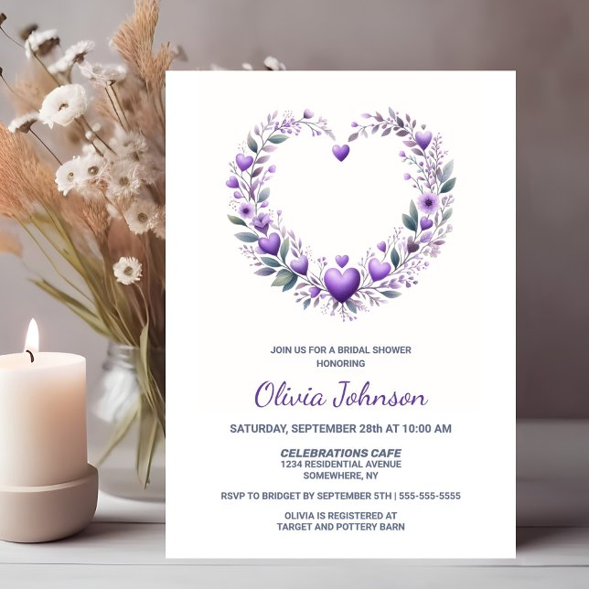 Purple Floral Heart Bridal Shower Invitation (Creator Uploaded)