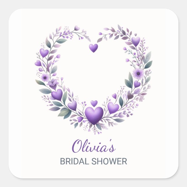 Purple Floral Heart Bridal Shower Invitation Square Sticker (Front)