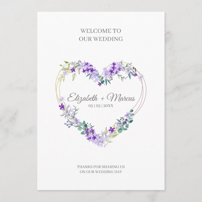 Purple Floral Heart for Wedding Sand Ceremony Programme (Front)