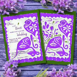 Purple Floral Heart Papel Picado Mexican Wedding  Invitation