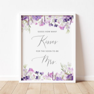 Purple floral how many kisses bridal shower game poster