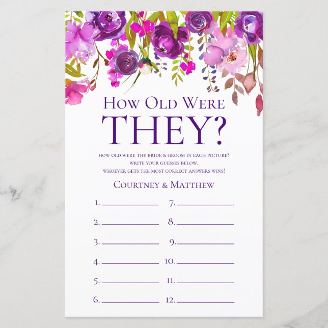 Purple Floral How Old Were They Bridal Shower Game (Front)