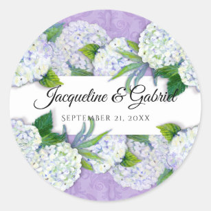 Purple Floral Hydrangea  Damask Pattern Wedding Classic Round Sticker
