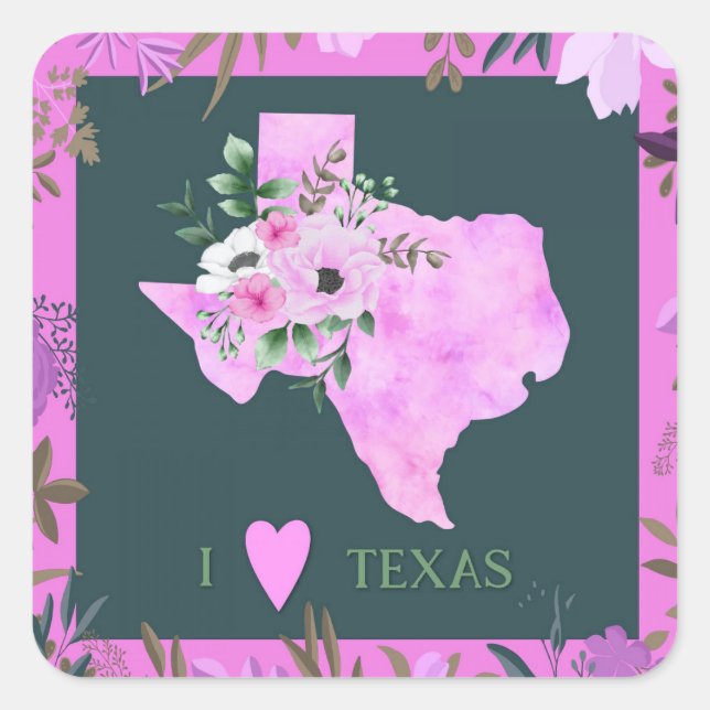 Purple Floral I Love Texas State Map Square Sticker (Front)