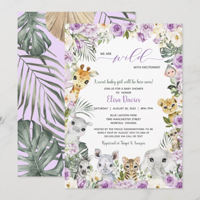 Purple Floral Jungle Safari Animals Baby Shower Invitation (Front/Back)