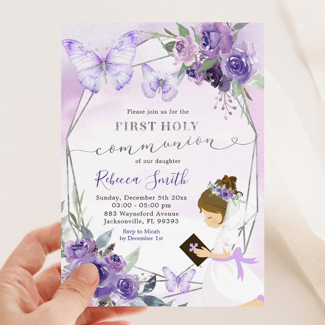 Purple Floral Kneeling Girl First Holy Communion Invitation (Creator Uploaded)