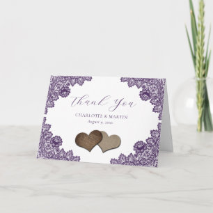 Purple Floral Lace Burlap Hearts Rustic Wedding Thank You Card