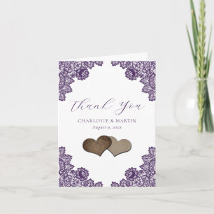 Purple Floral Lace Burlap Hearts Rustic Wedding Thank You Card