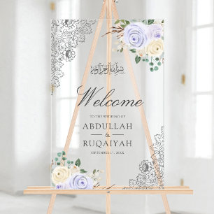 Purple Floral Lace Muslim Wedding Welcome Acrylic Sign