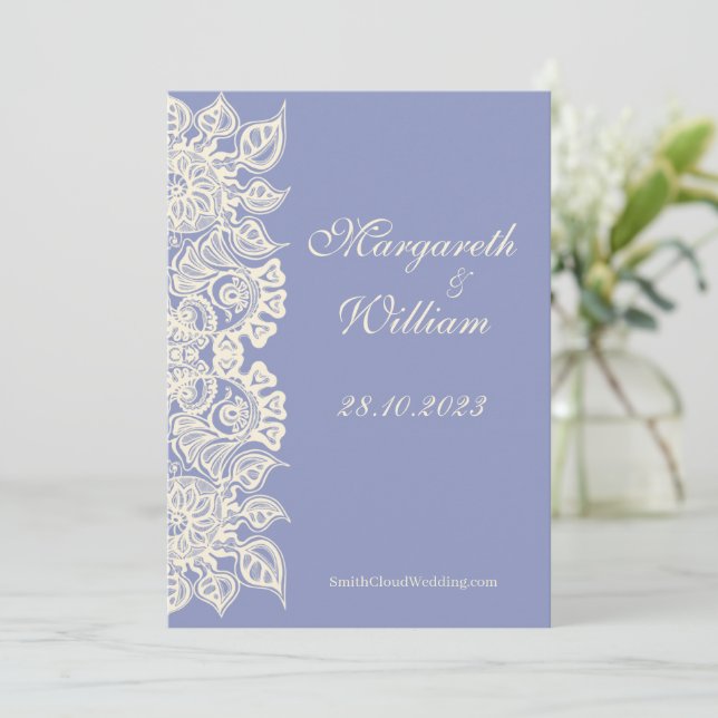 Purple Floral Lace Save The Date Card (Standing Front)