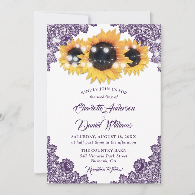 Purple Floral Lace String Lights Sunflower Wedding Invitation (Front)