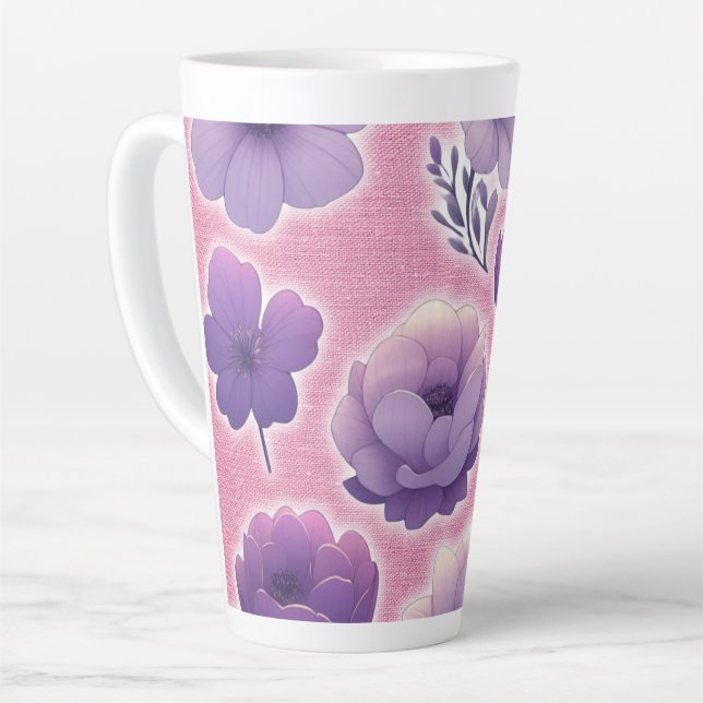 Purple Floral Latte Mug Elegant Pastel Flower Art (Left Angle)