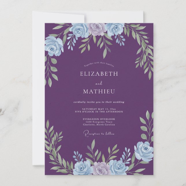 Purple Floral Laurel Romance Wedding Invitation (Front)