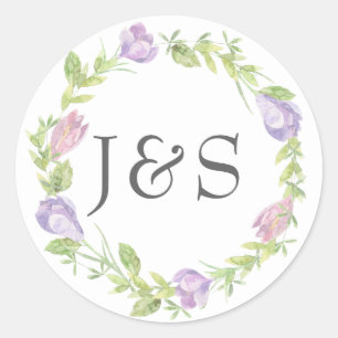 Purple floral leafy wedding personalised stickers