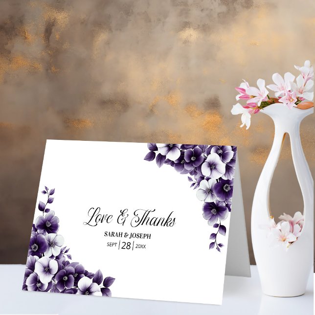 Purple Floral Love and Thanks Wedding Thank You Card (Creator Uploaded)